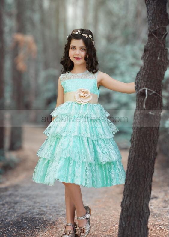 Lace Tiered Tea Length Flower Girl Dress With Flower Sash